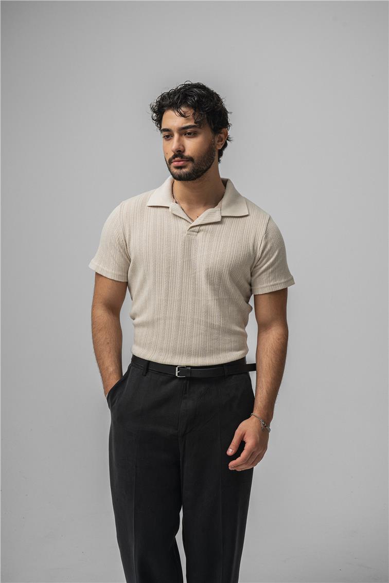 İşlemeli Polo Yaka T-Shirt Krem