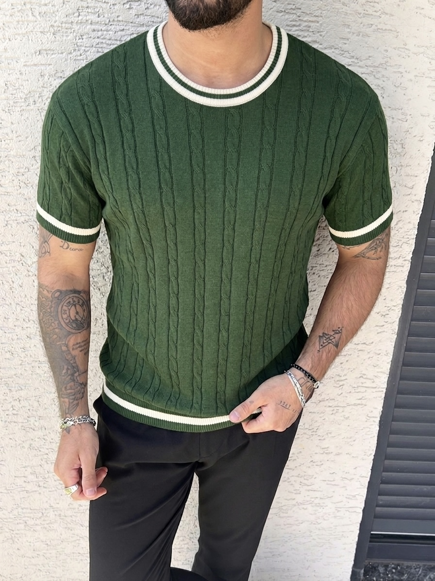 İşlemeli Renk Detay Triko Tshirt Yeşil