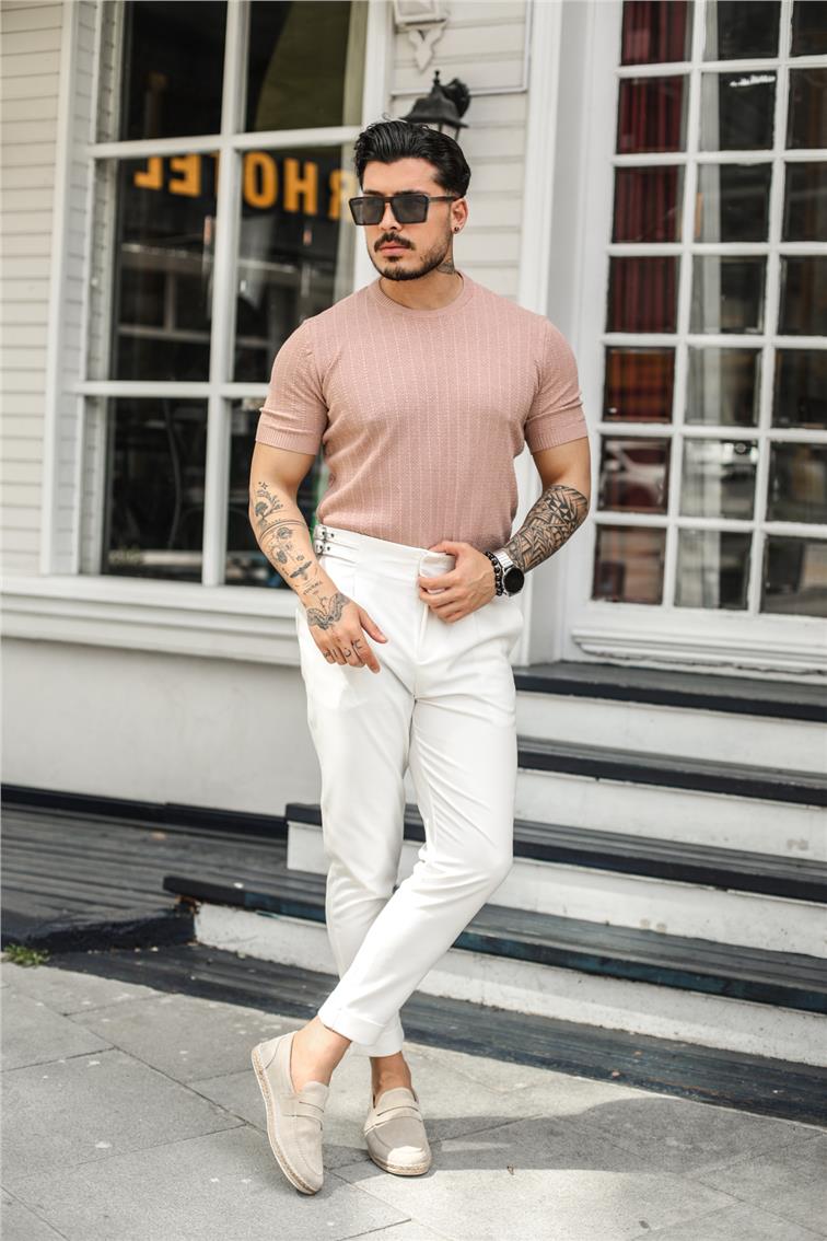 İşlemeli Şeritli Slim Fit T-Shirt Pudra
