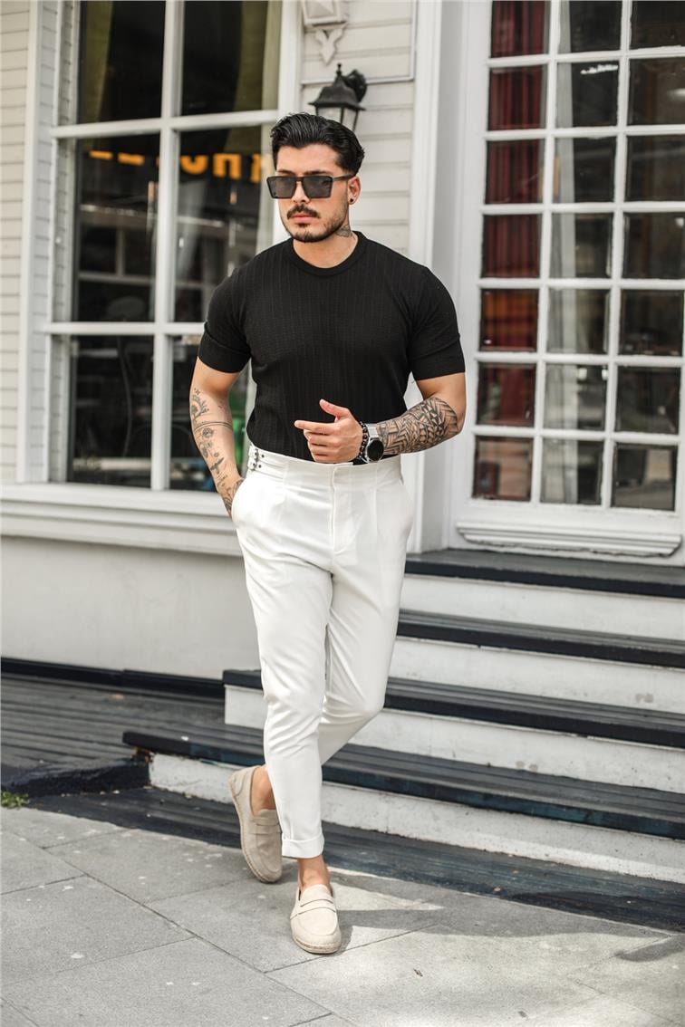 İşlemeli Şeritli Slim Fit T-Shirt Siyah