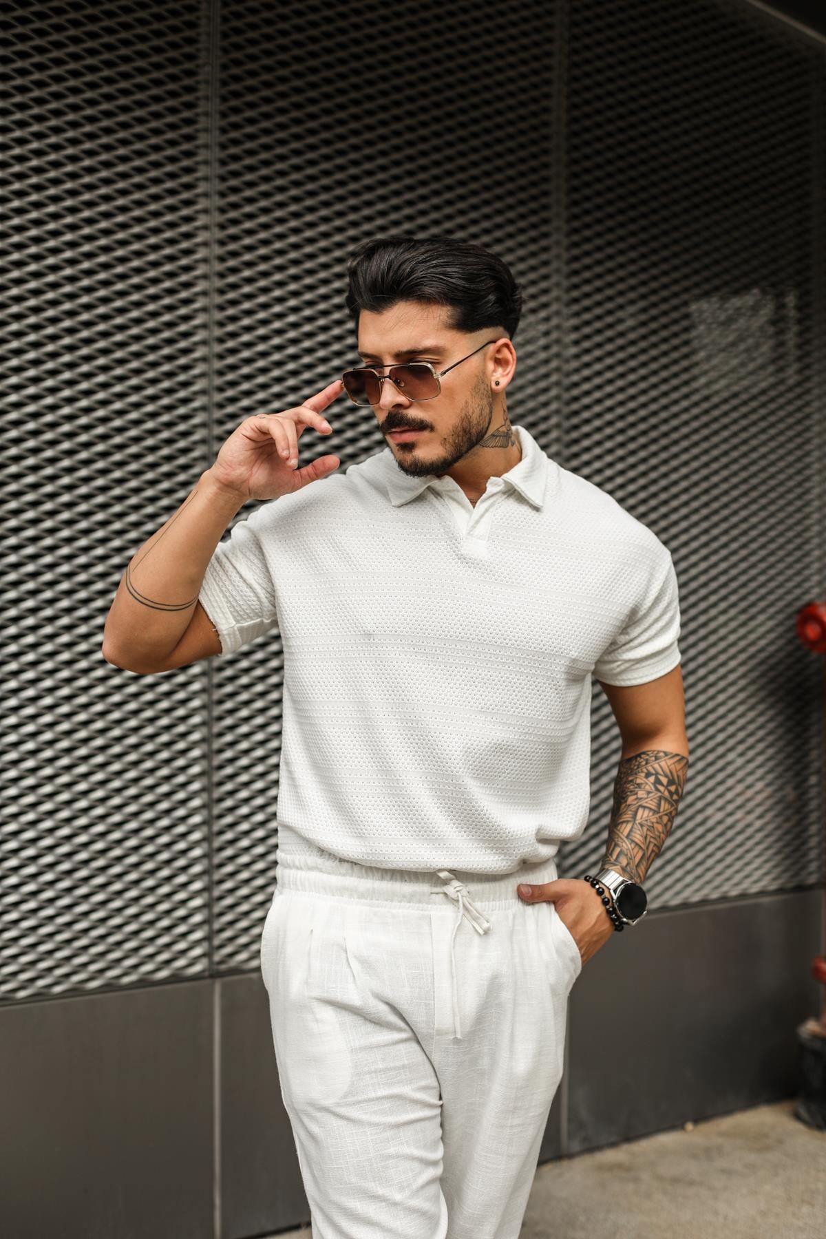 Jakarlı Polo Yaka T-Shirt Beyaz