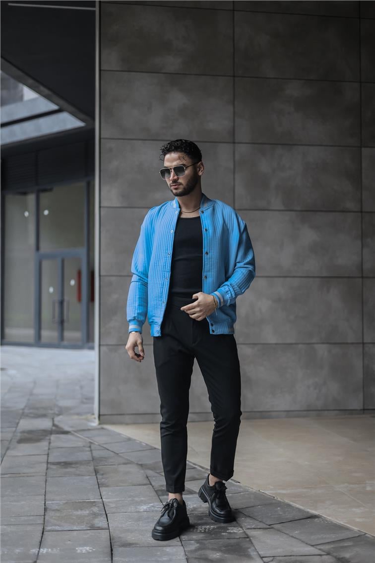 Kabartmalı Çizgili Oversize Ceket Mavi