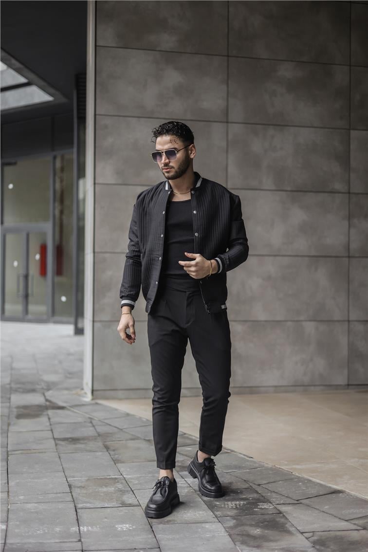 Kabartmalı Çizgili Oversize Ceket Siyah