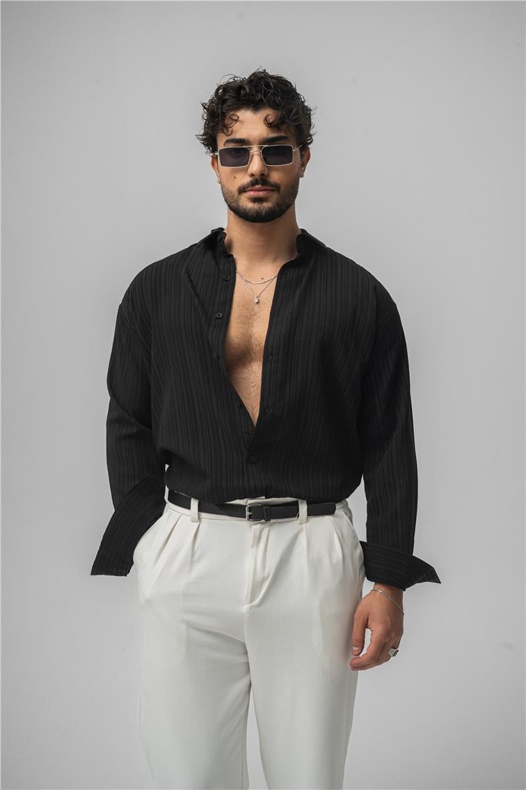 Kabartmalı Kumaş  Oversize Gömlek Siyah