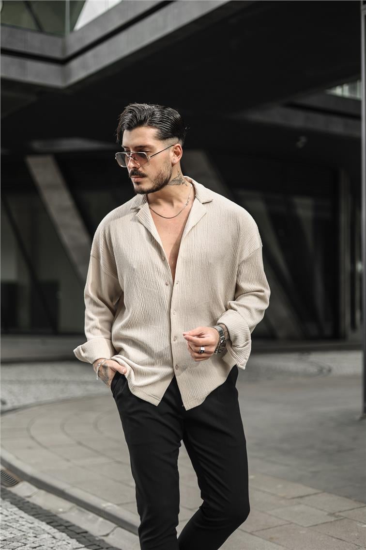 Kabartmalı Oversize Gömlek Bej