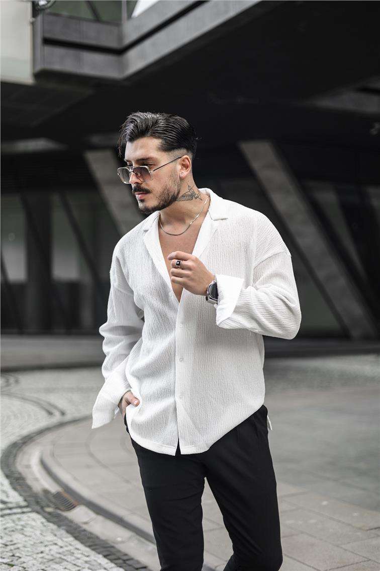 Kabartmalı Oversize Gömlek Beyaz