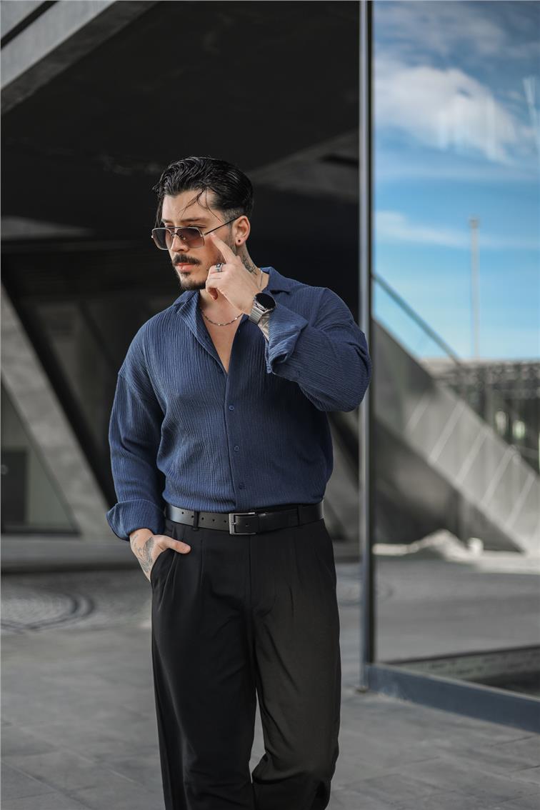 Kabartmalı Oversize Gömlek İndigo