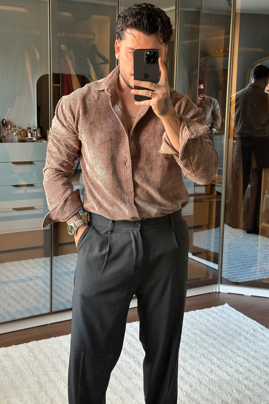 Kadife Oversize Gömlek Kahve