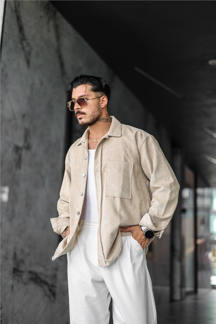 Kadife Oversize Gömlek Krem