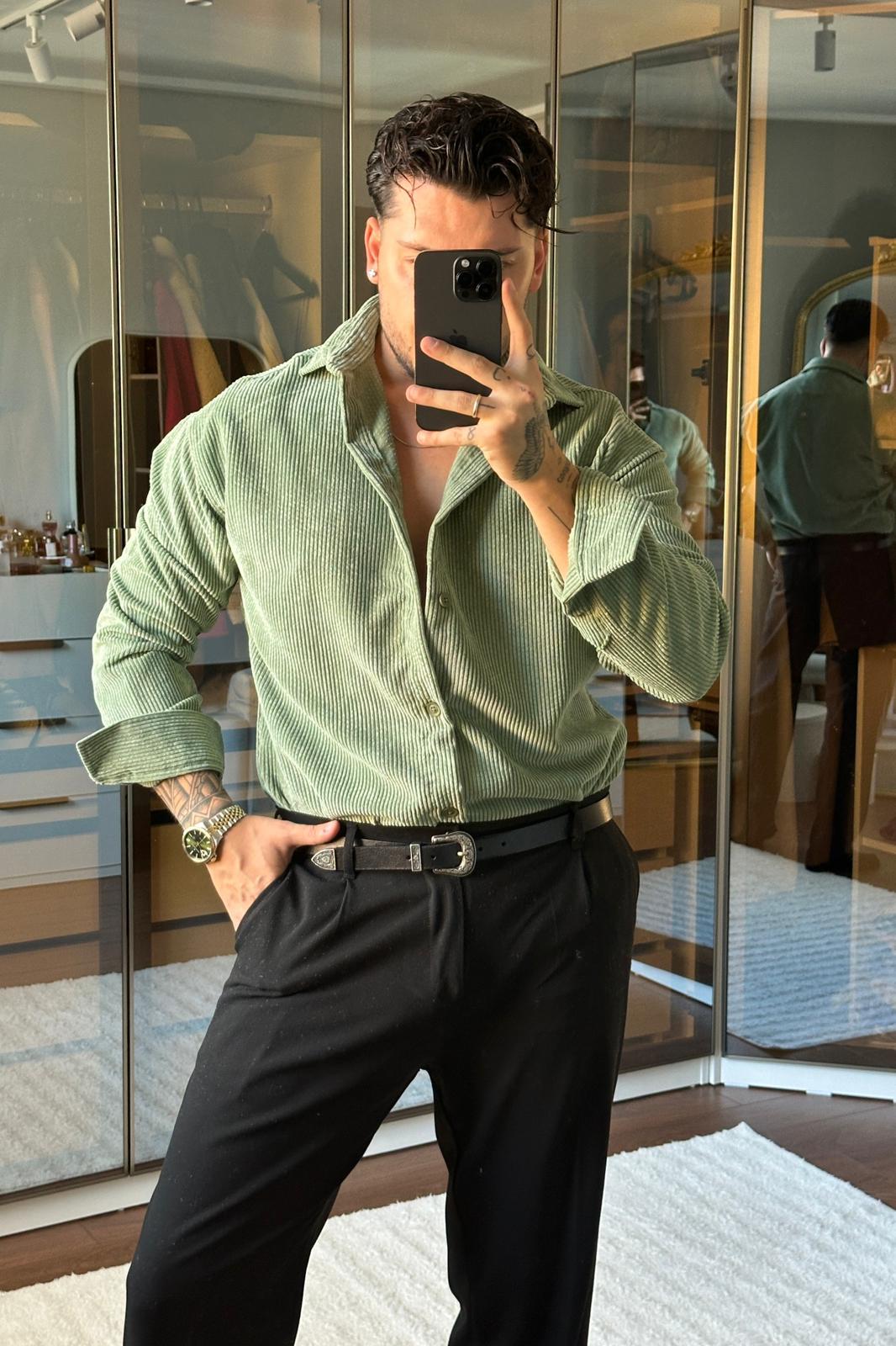 Kadife Oversize Gömlek Mint