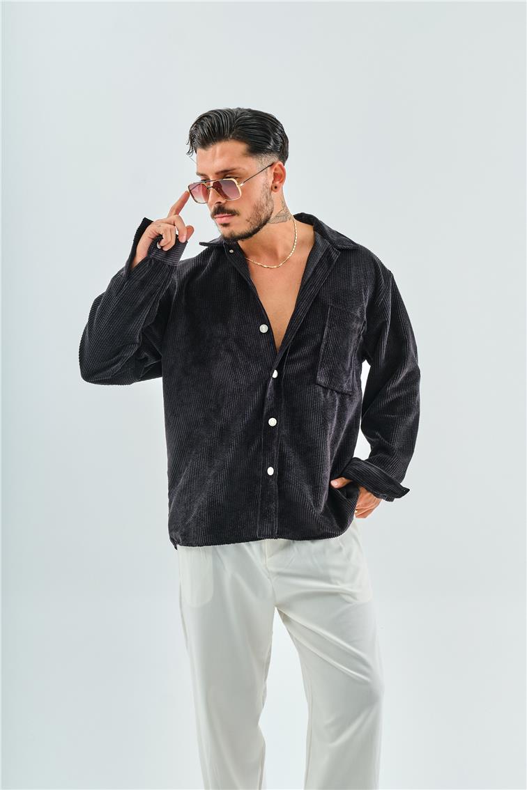 Kadife Oversize Gömlek Siyah