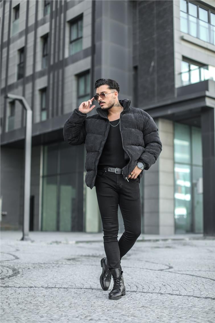 Kadife Şişme Oversize Mont Siyah