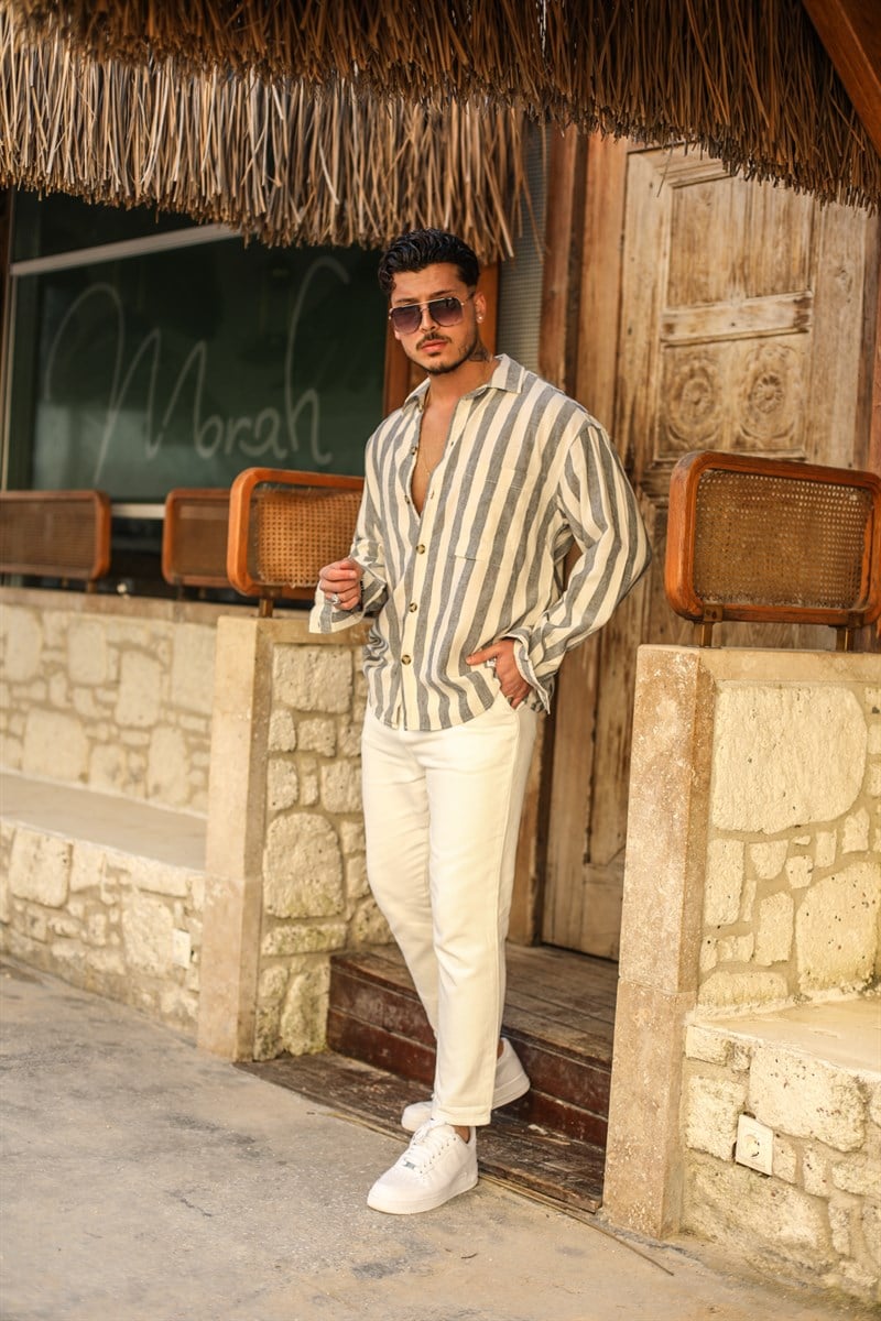 Kalın Çizgili Keten Oversize Gömlek