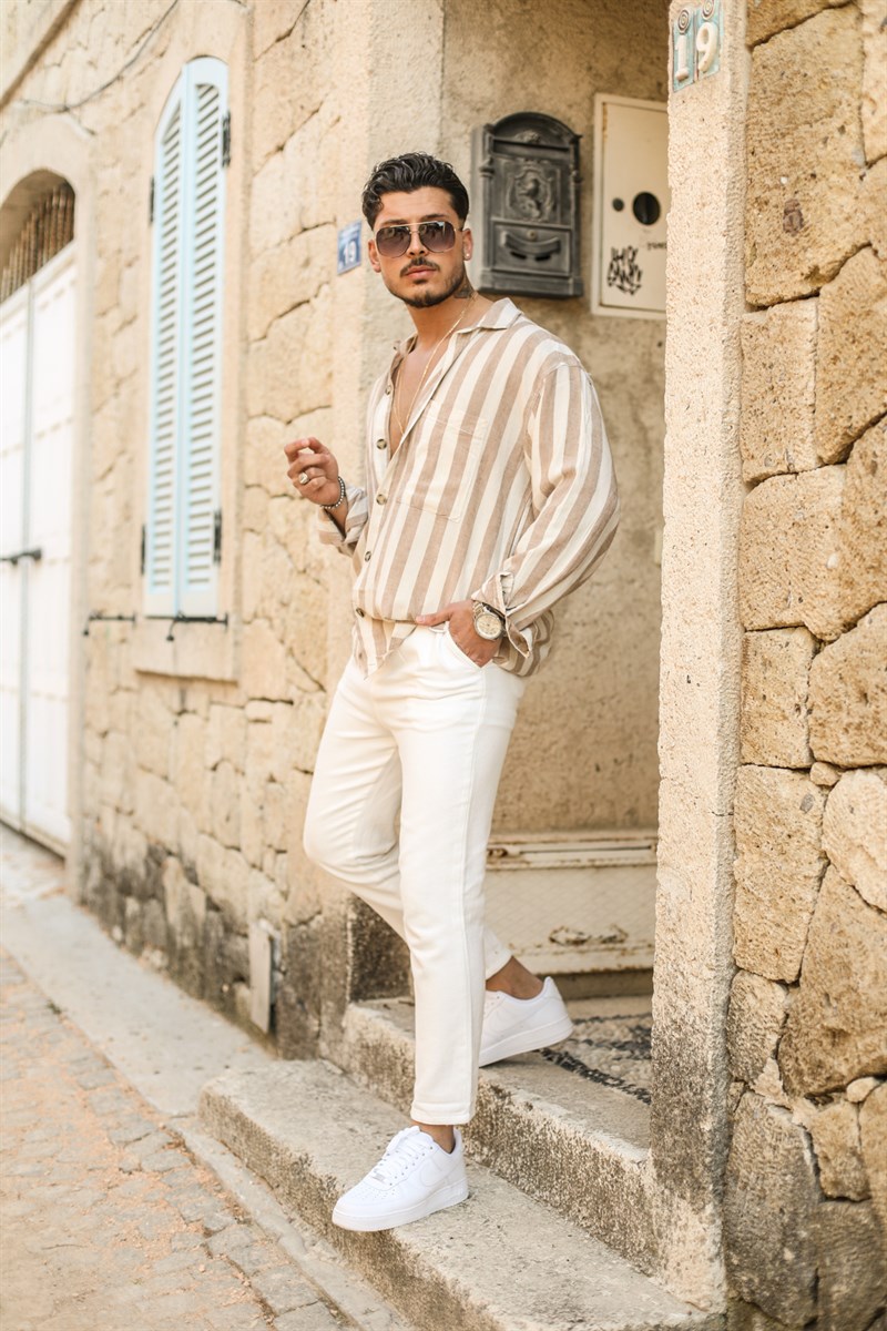 Kalın Çizgili Keten Oversize Gömlek