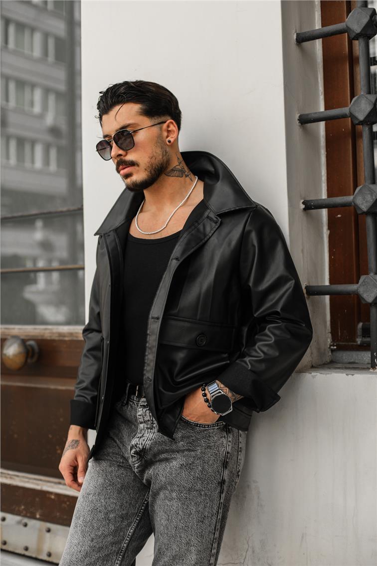 Kanguru Cepli Düğmeli Deri Ceket Siyah