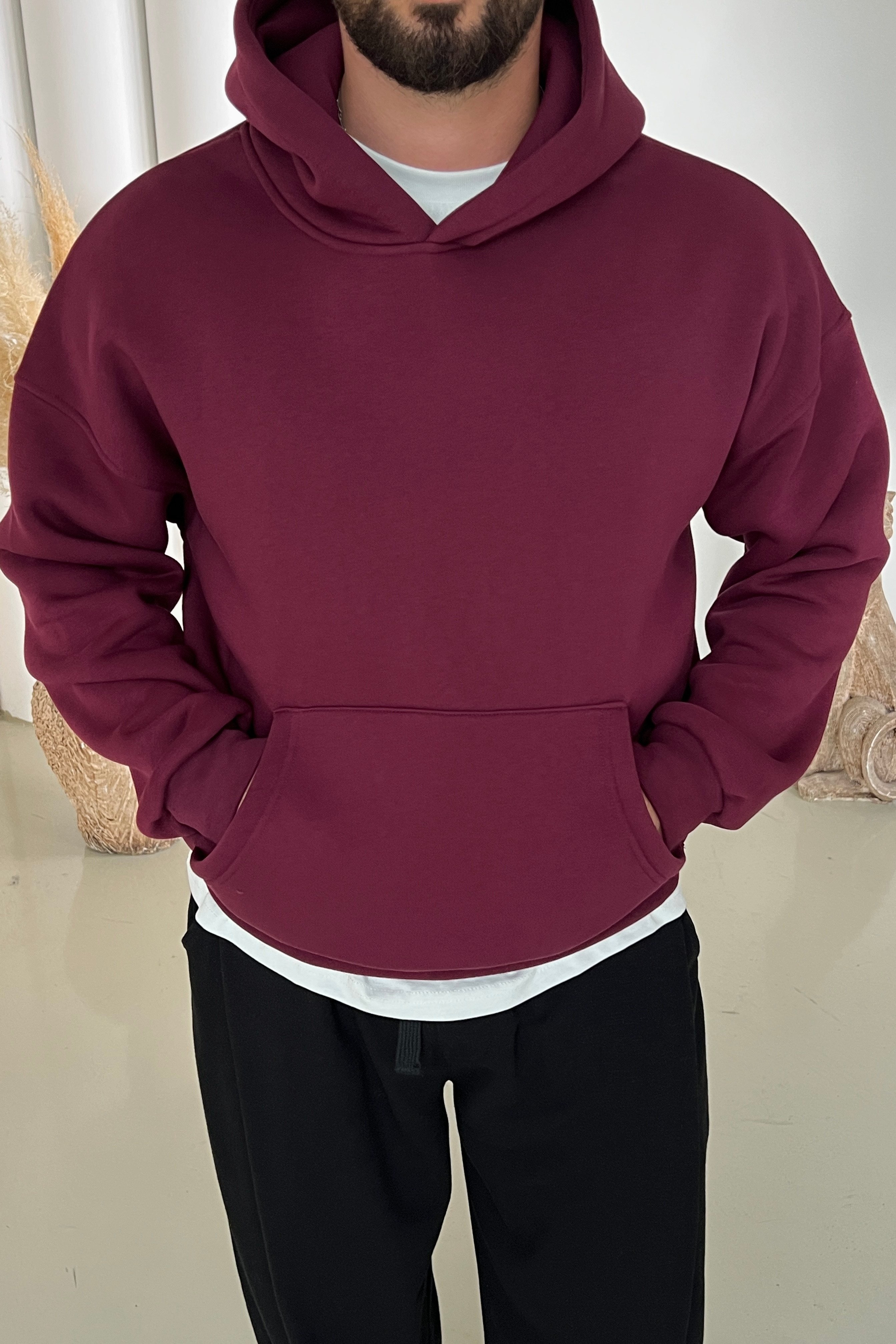Kapüşonlu Basic Oversize Sweatshirt Bordo