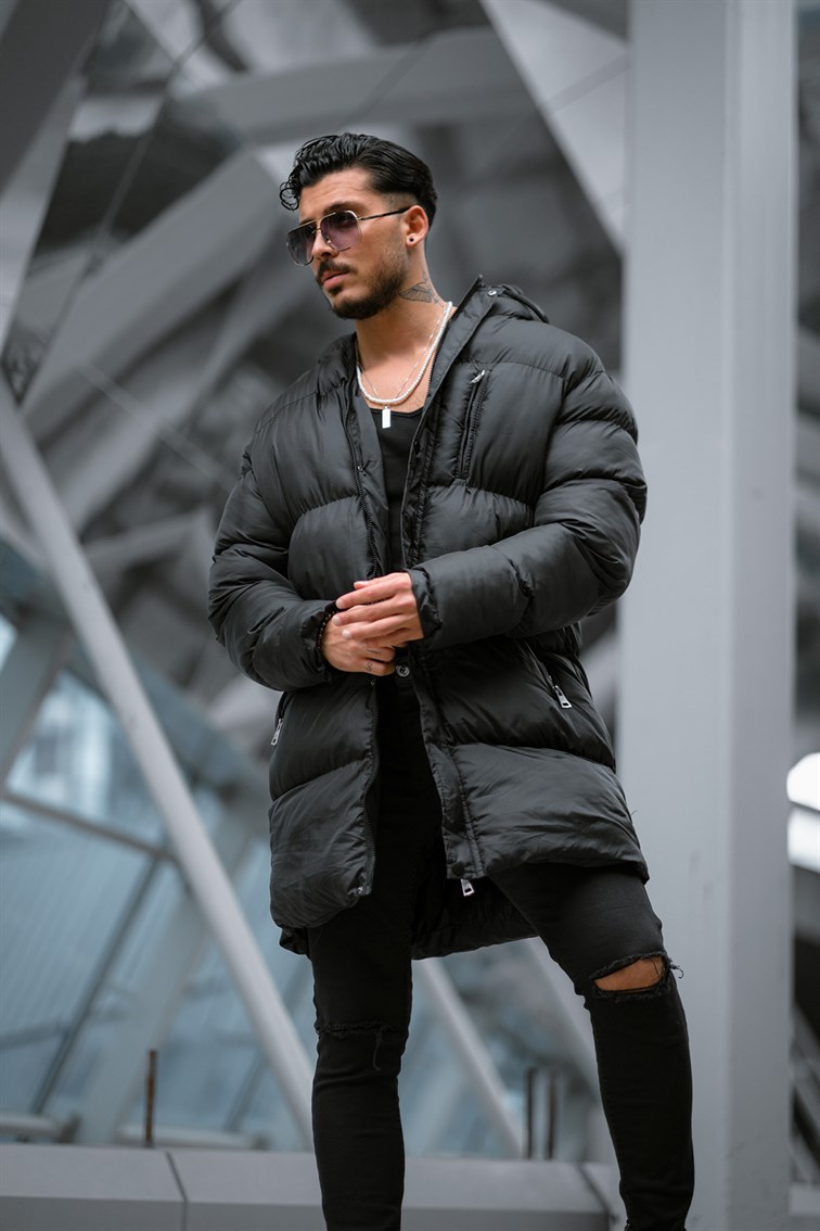 Kapüşonlu Uzun Şişme Mont