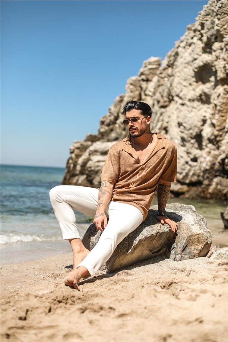 Kare Detaylı Oversize Gömlek Kahve