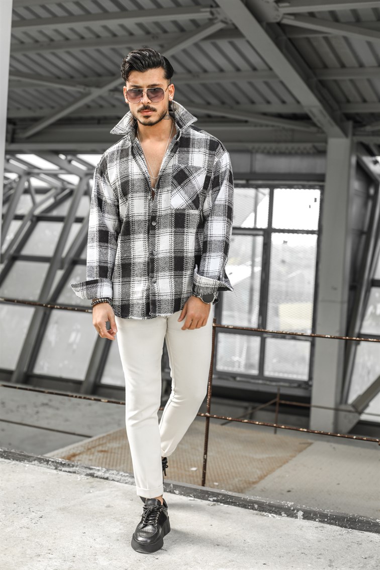 Kareli Dikiş Detaylı Oversize Oduncu Gömlek