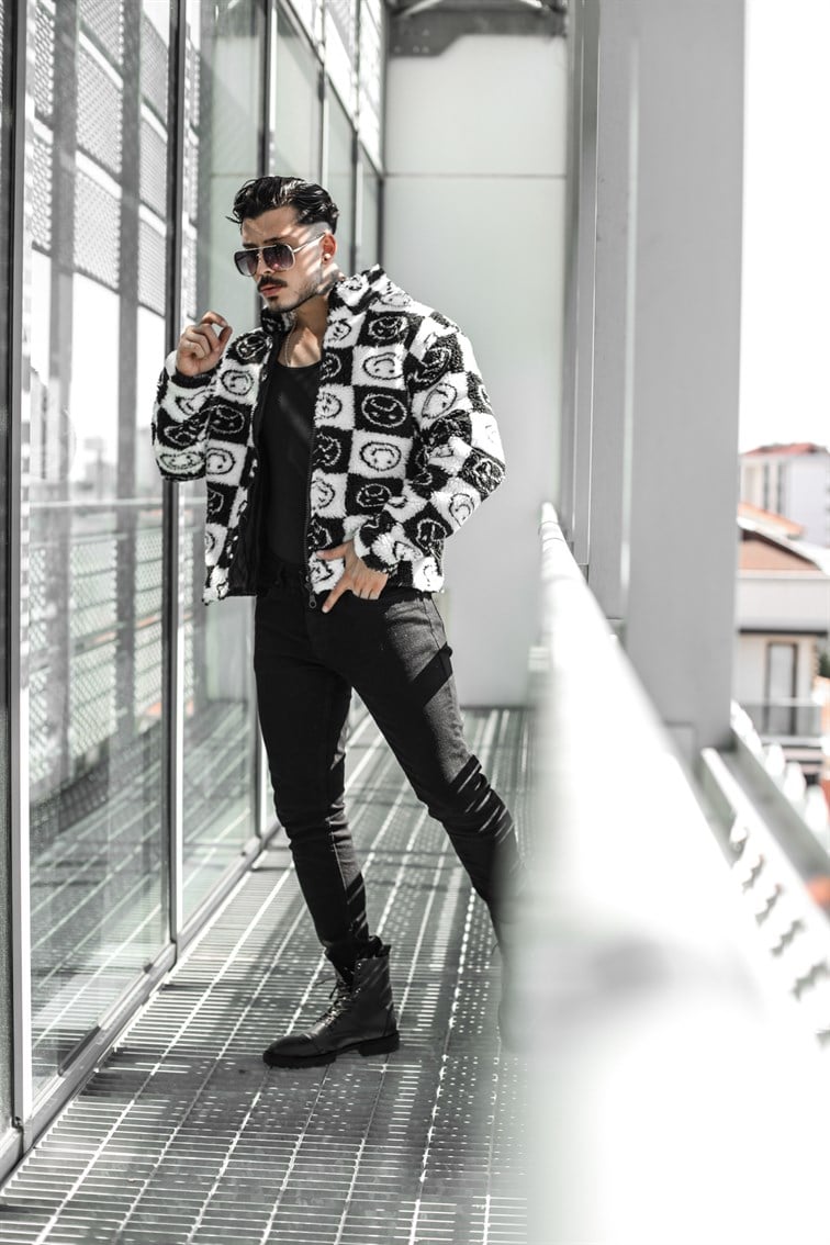 Kareli Fermuarlı Peluş Oversize Ceket