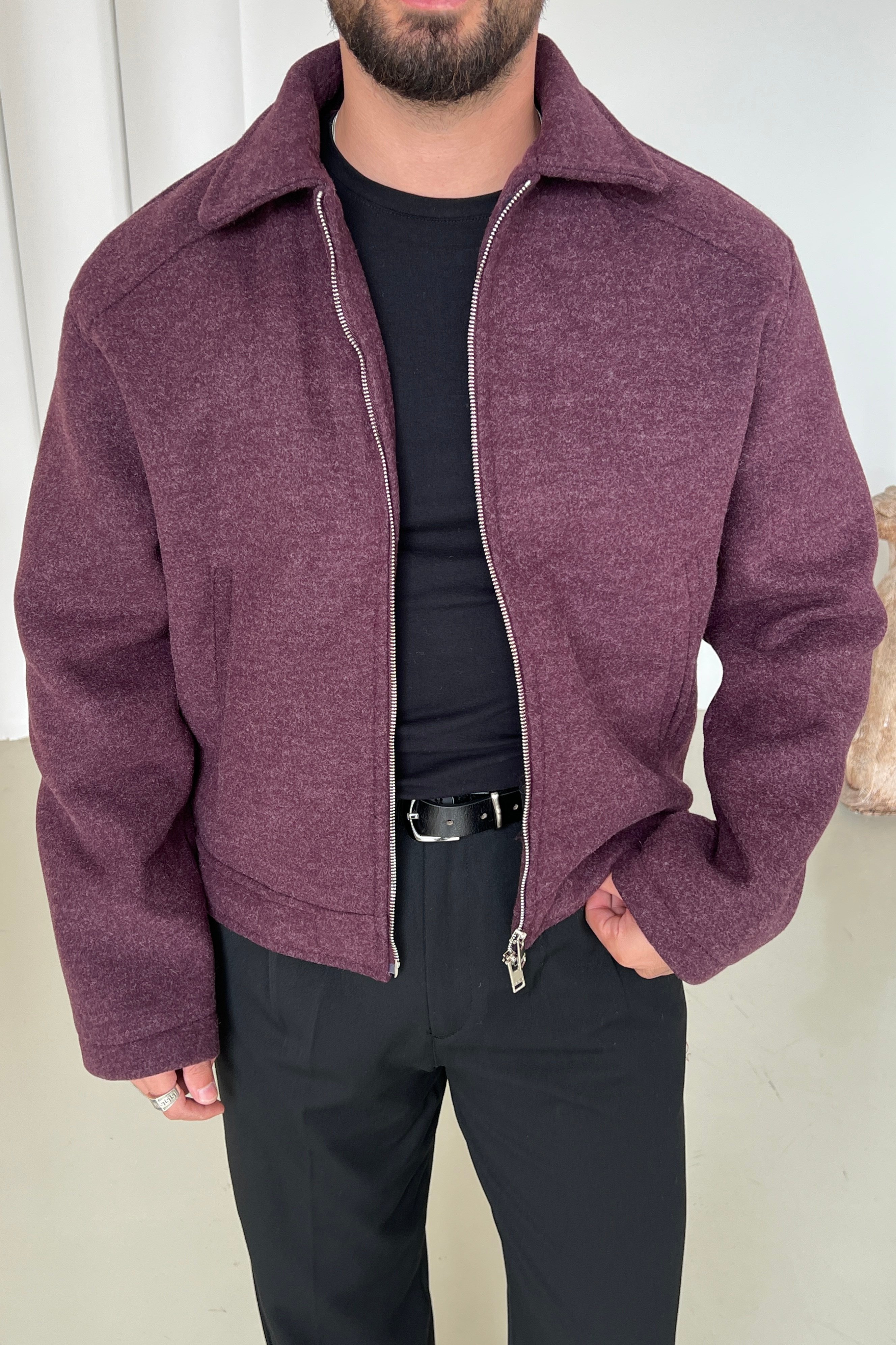 Kaşe Basic Bol Ceket Bordo