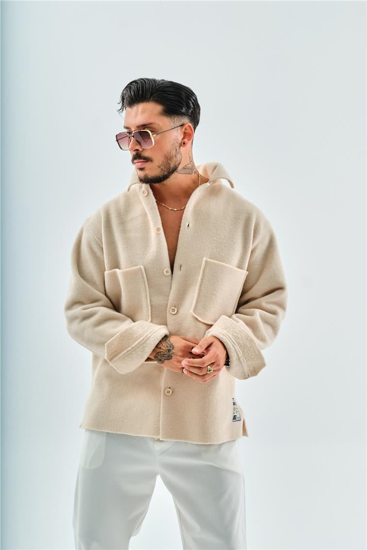 Kaşe Cep Detaylı  Oversize Gömlek/Ceket Ekru