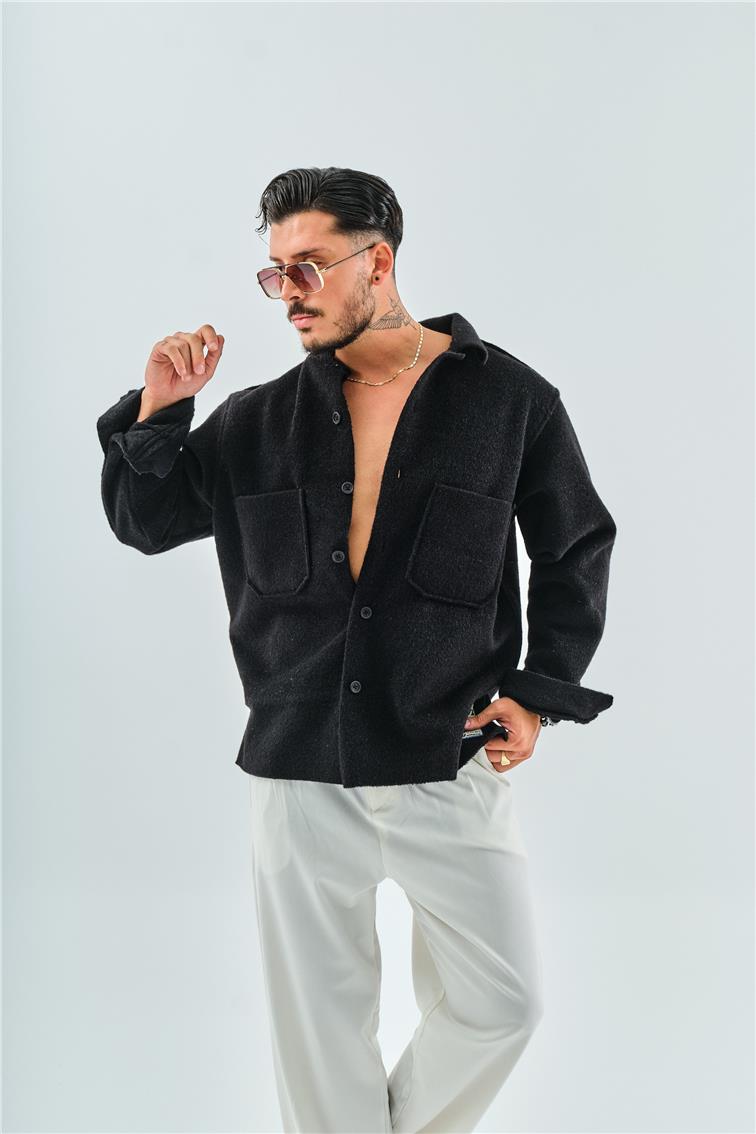 Kaşe Cep Detaylı  Oversize Gömlek/Ceket Siyah