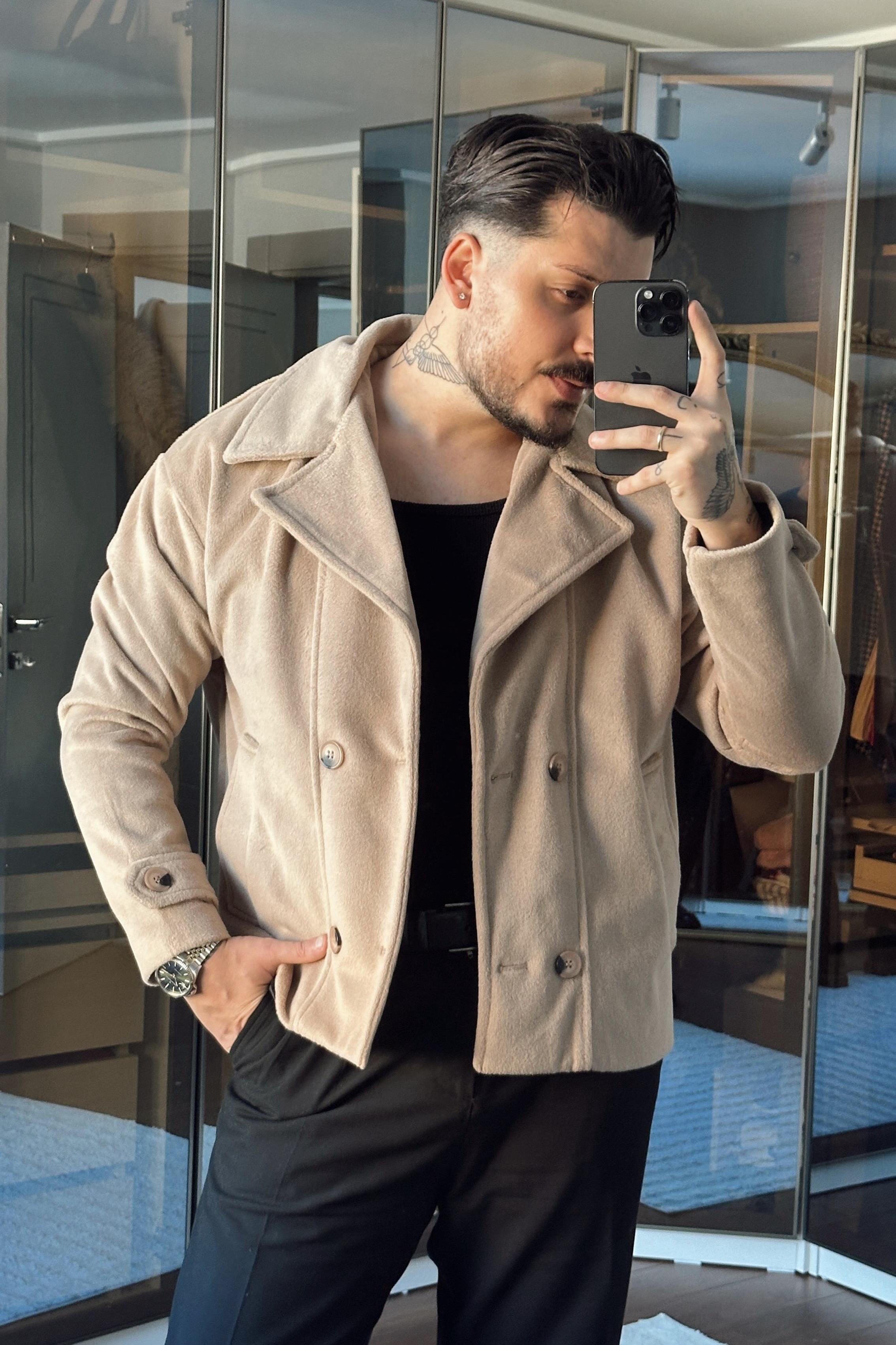 Kaşe Kruvaze Box Fix Ceket Krem