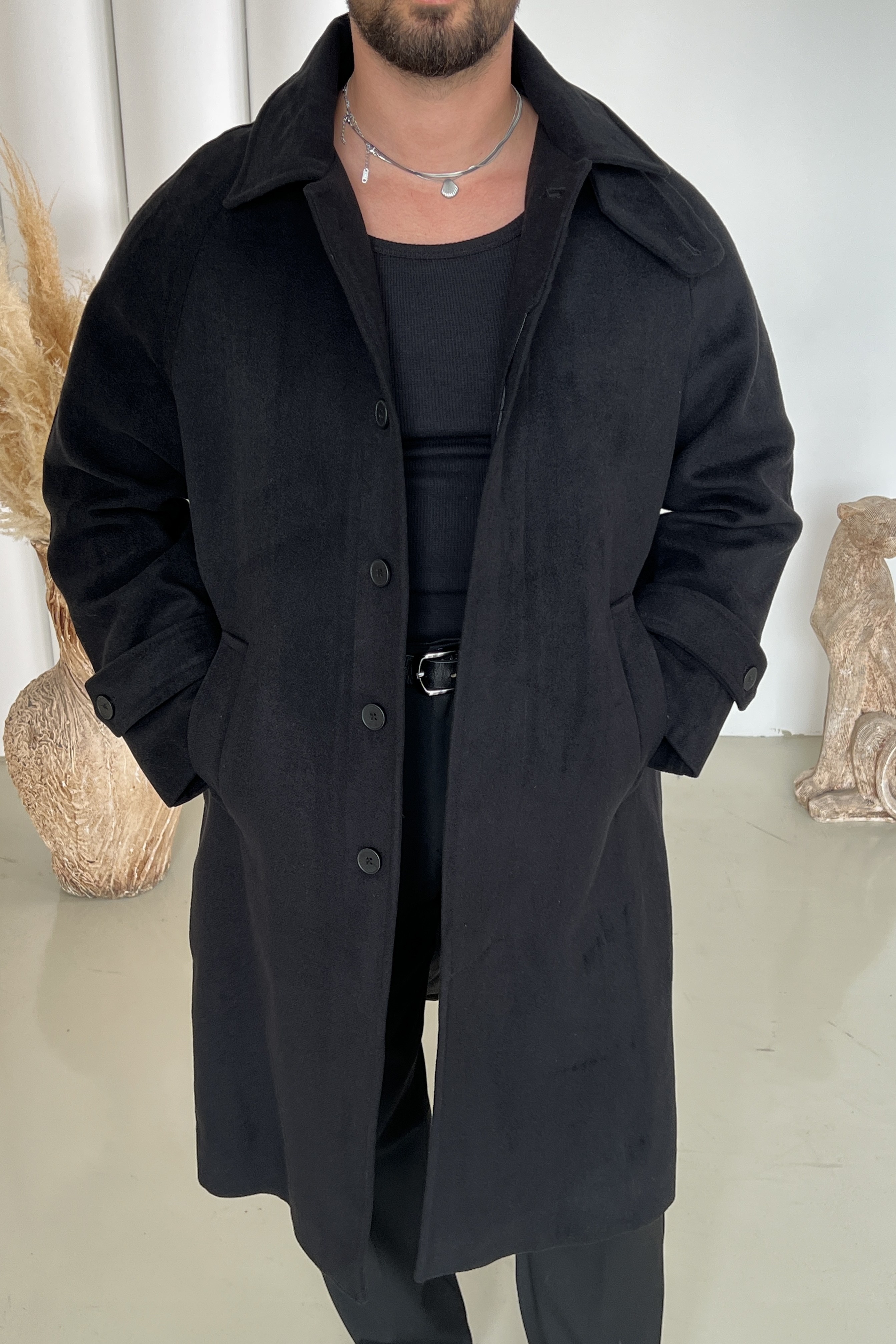 Kaşe Oversize Uzun Kaban Siyah