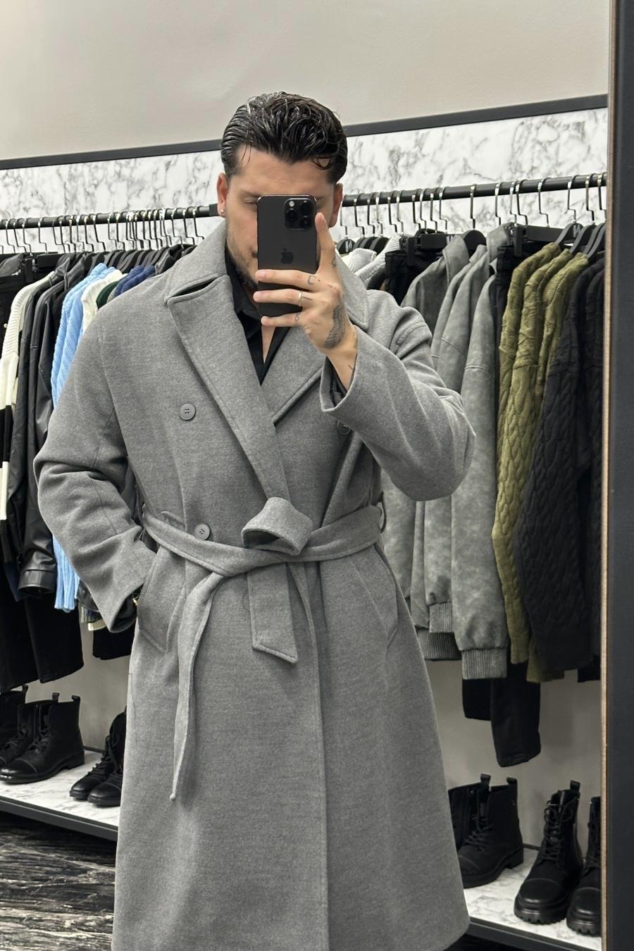 Kaşe Uzun Kaban Gri