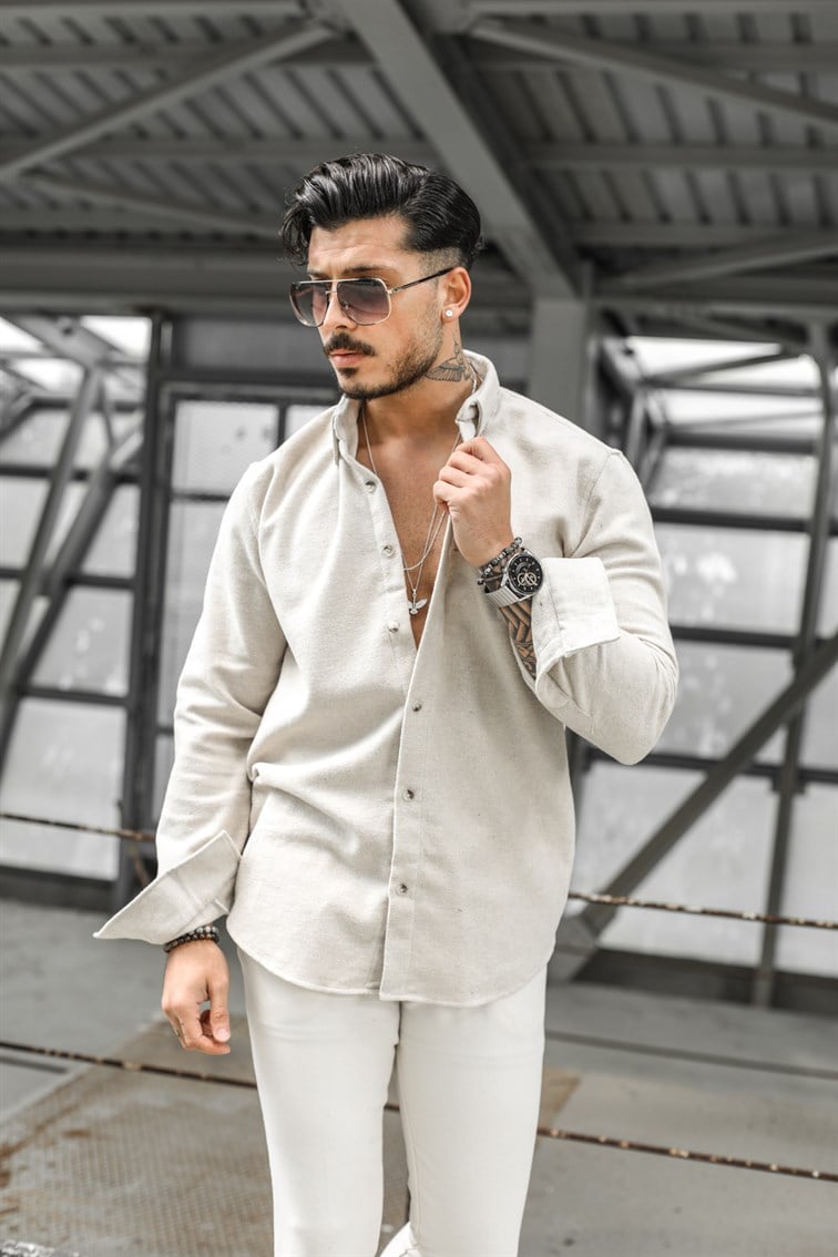 Kaşe Yaka Düğme Detaylı Oversize Gömlek