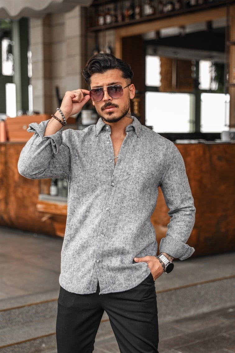 Kaşe Yaka Düğme Detaylı Oversize Gömlek