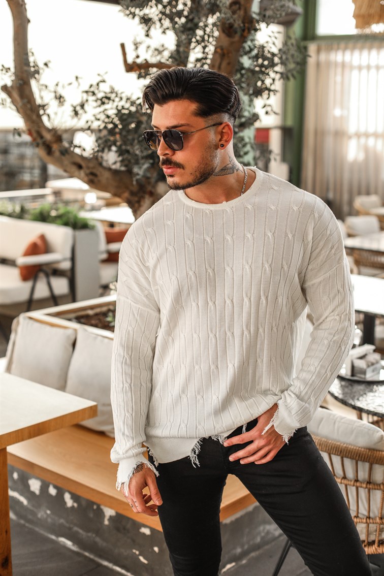 Kendinden Çizgili Oversize Yırtık Kazak