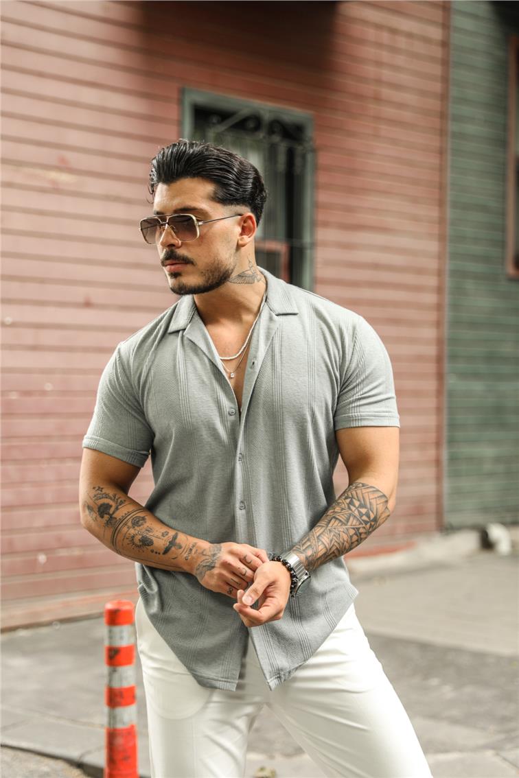 Kendinden Çizgili Slim Fit Gömlek Gri