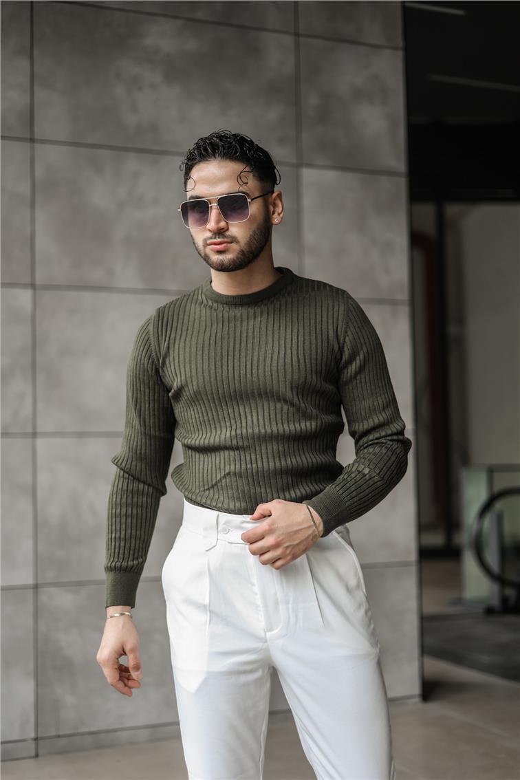Kendinden Çizgili Slim Fit Kazak Haki