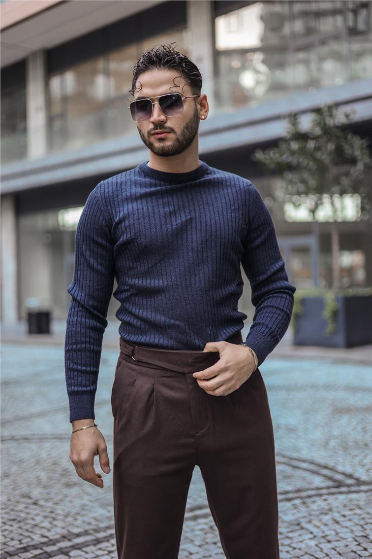 Kendinden Çizgili Slim Fit Kazak Lacivert
