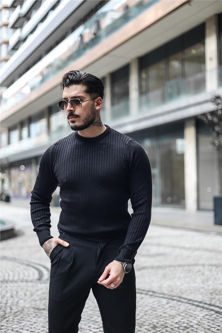 Kendinden Çizgili Slim Fit Kazak Siyah