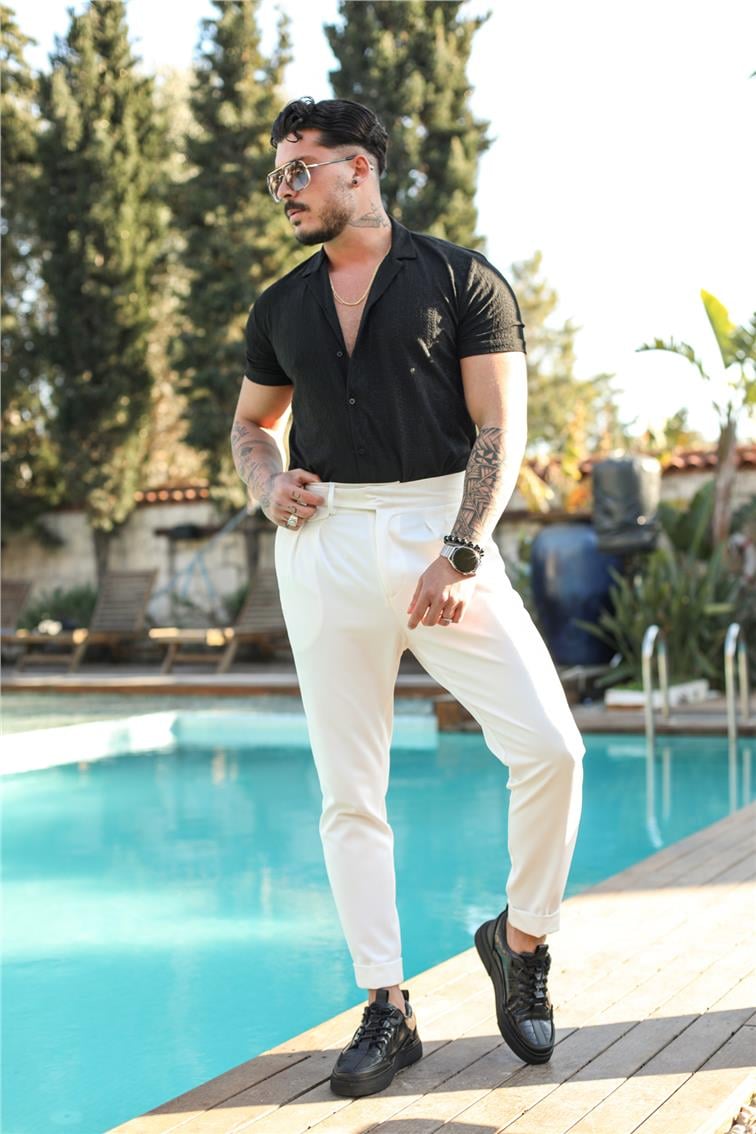 Kendinden Desenli Kısa Kol Slim Fit Gömlek Siyah