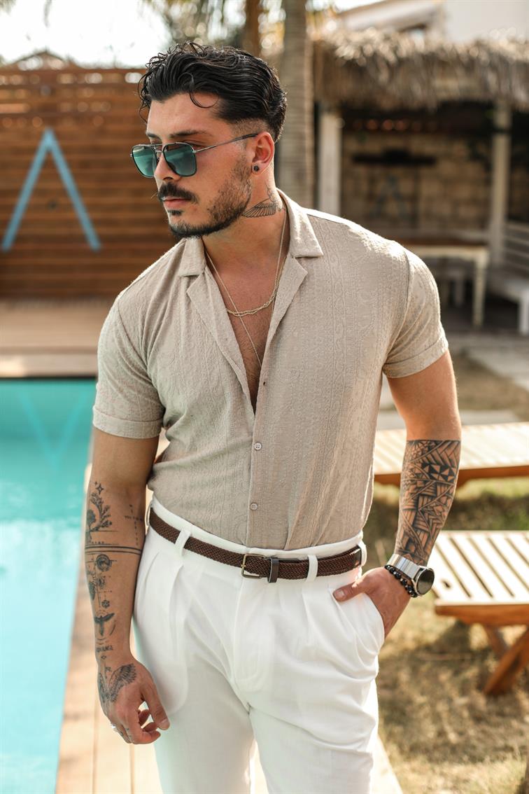 Kendinden Desenli Kısa Kol Slim Fit Gömlek Bej