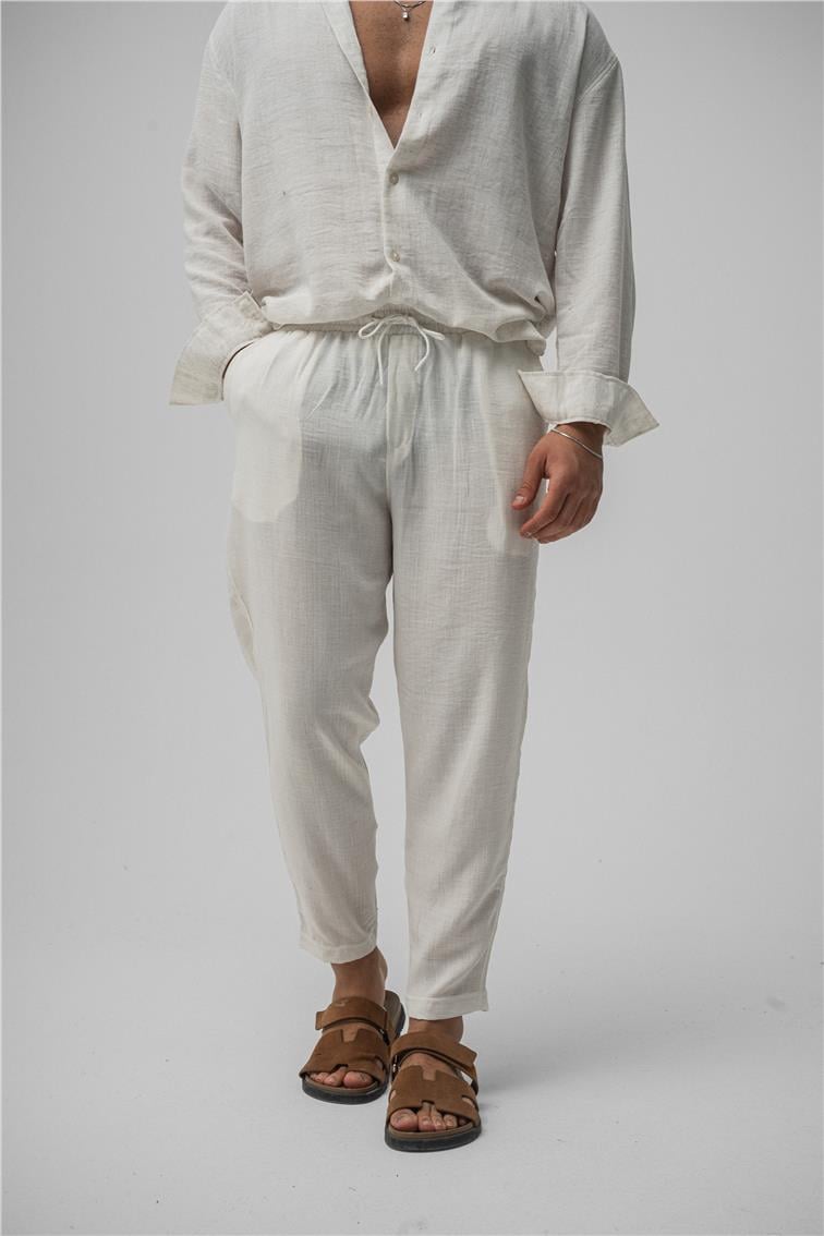 Keten Basic Boyfriend Pantolon Krem