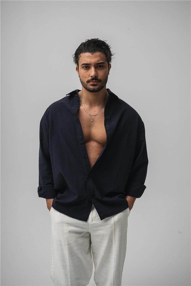 Keten Basic Oversize Gömlek Lacivert