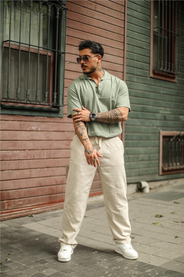 Keten Bel Bağlamalı Baggy Pantolon Krem