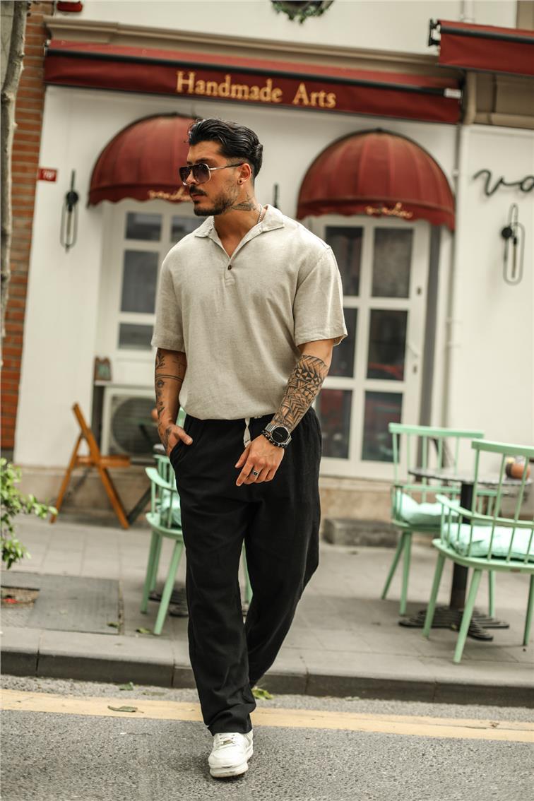 Keten Bel Bağlamalı Baggy Pantolon Siyah