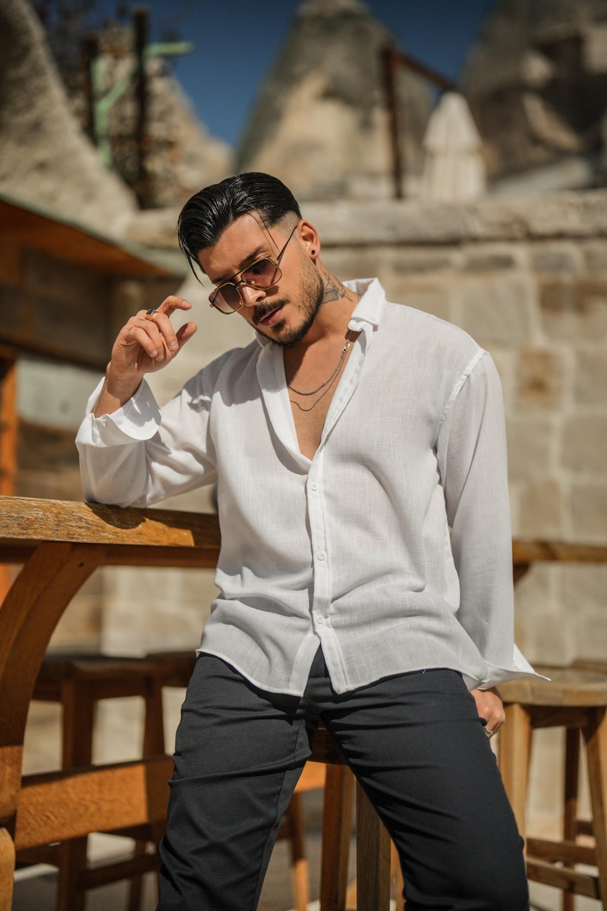 Keten Beyaz Düğmeli Oversize Gömlek Beyaz