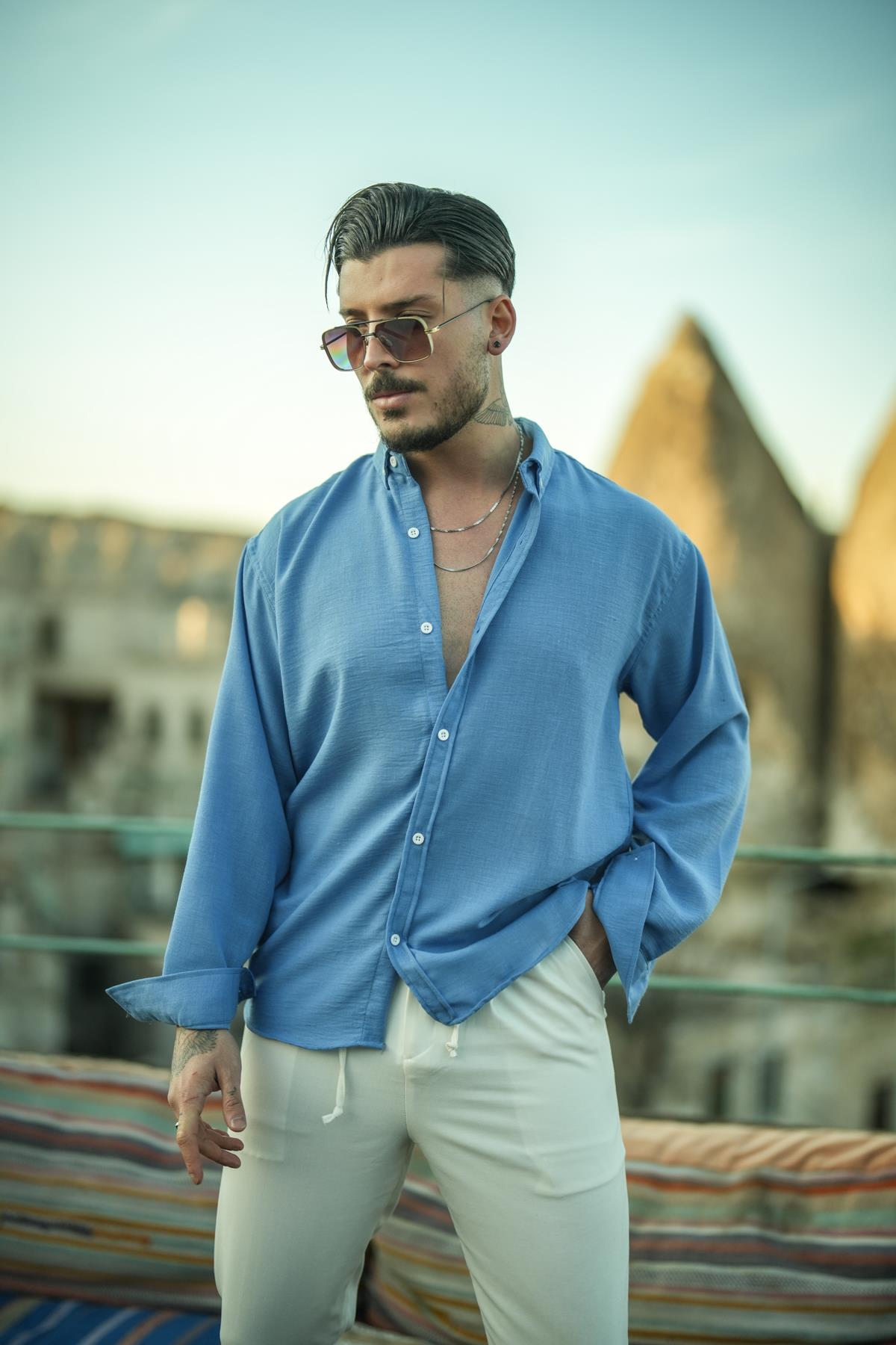 Keten Beyaz Düğmeli Oversize Gömlek Koyu Mavi