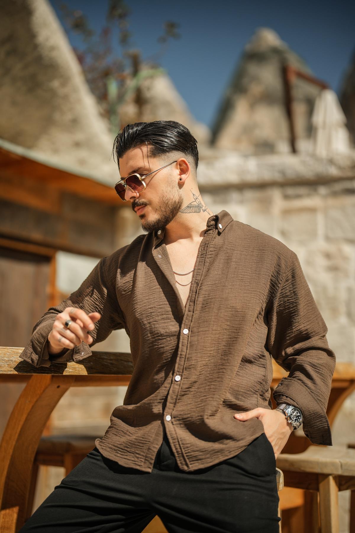 Keten Beyaz Düğmeli Oversize Gömlek Koyu Kahve