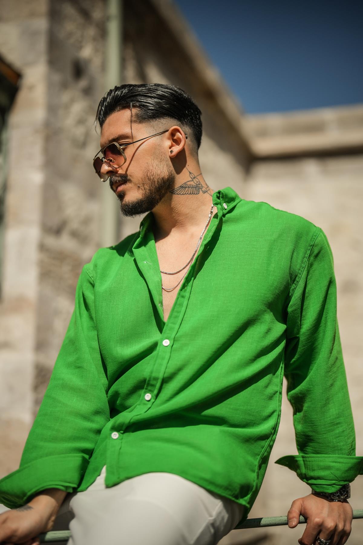 Keten Beyaz Düğmeli Oversize Gömlek Yeşil