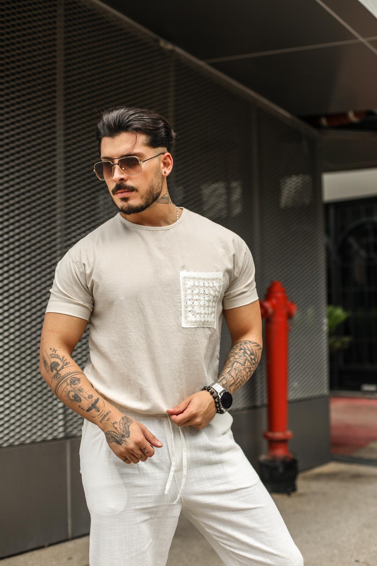 Keten Cepli Nakış Örmeli Oversize T-Shirt Bej