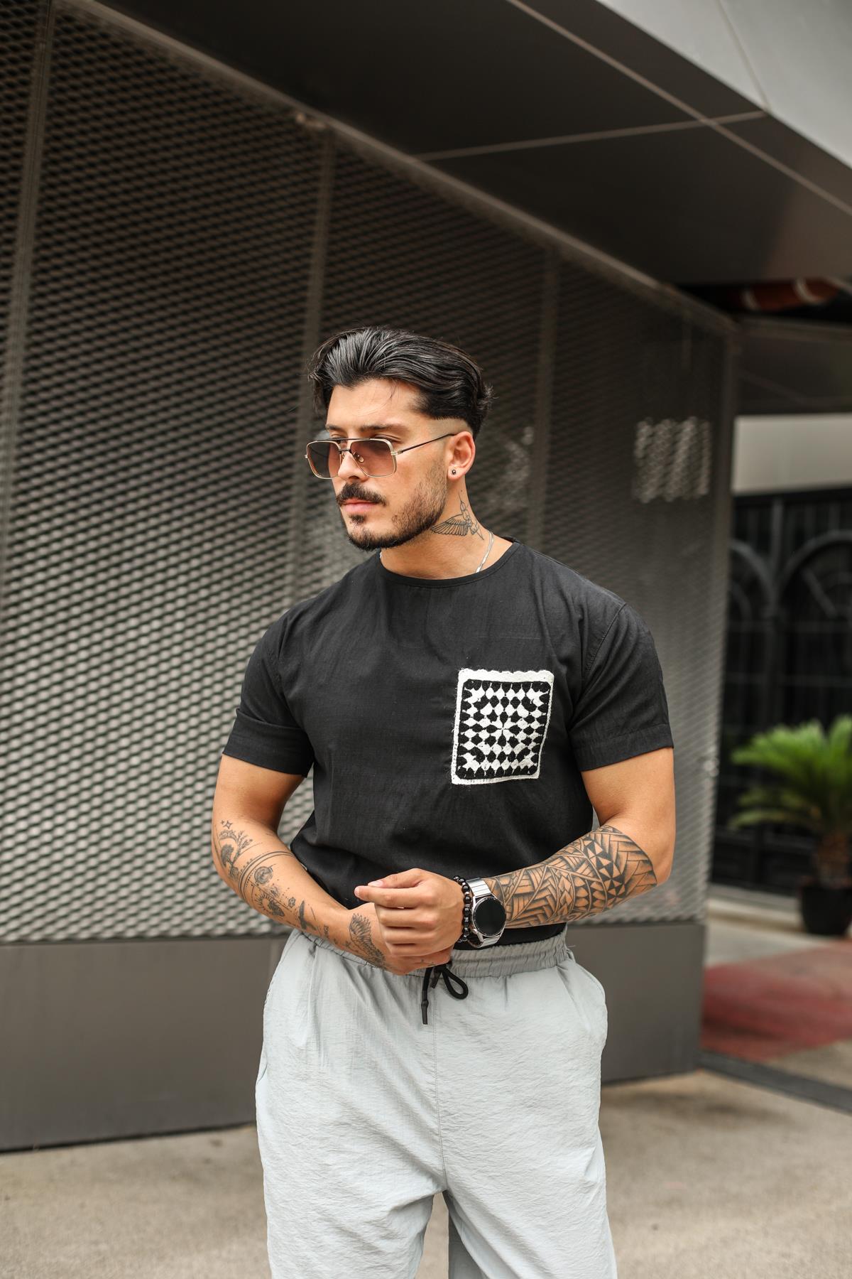 Keten Cepli Nakış Örmeli Oversize T-Shirt Siyah