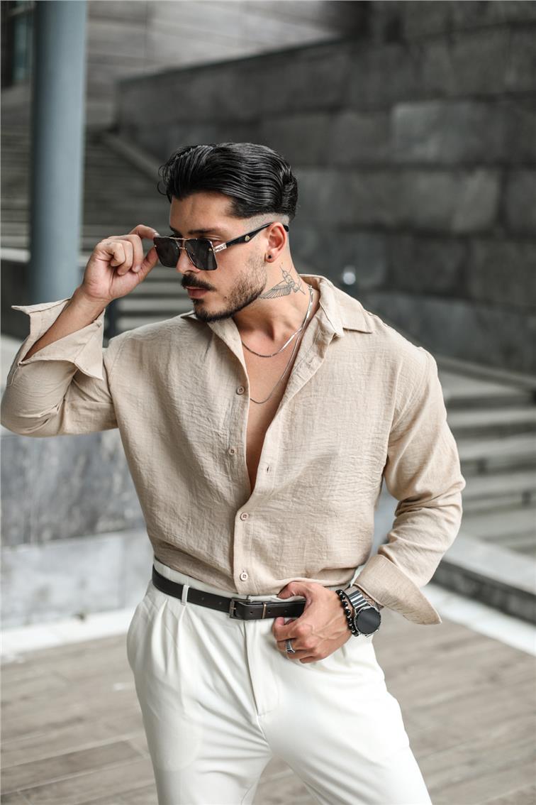 Keten Cepsiz Oversize Gömlek Bej